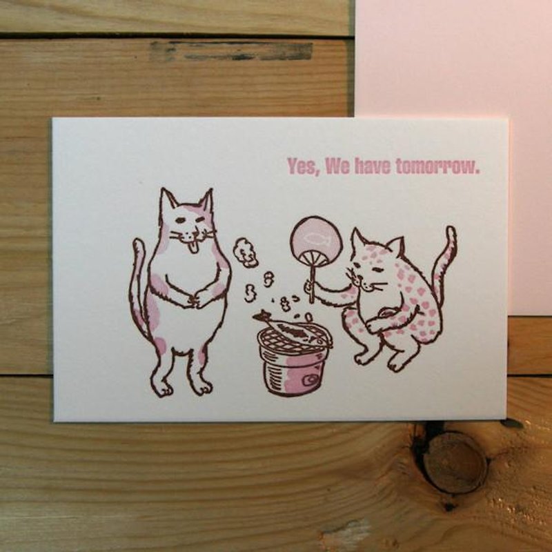 Letterpress greeting card cat in charcoal stove (pink) 2 pieces set - การ์ด/โปสการ์ด - กระดาษ 