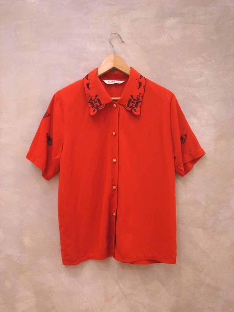 大紅刺繡玫瑰襯衫  古著 - シャツ・ブラウス - その他の素材 レッド