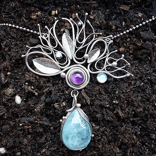 花鈿紀飾 classic Jewelry -森林之心- 純銀海水藍寶項鍊
