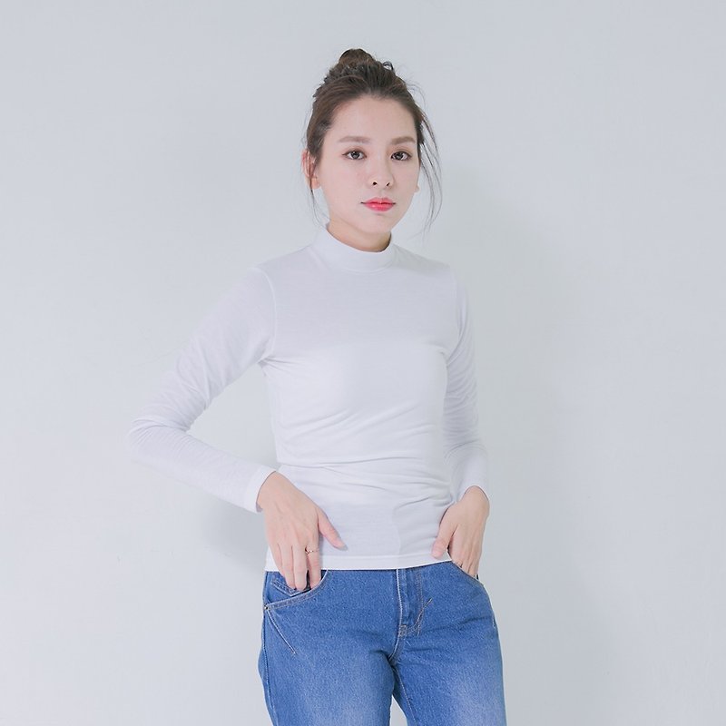Cozy high-neck elastic slim top _5AF004_white - เสื้อผู้หญิง - ผ้าฝ้าย/ผ้าลินิน ขาว
