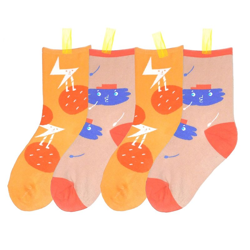Whistle Cloud & Lightning Orange Socks / Set of 2 - ถุงเท้า - วัสดุอื่นๆ สีส้ม