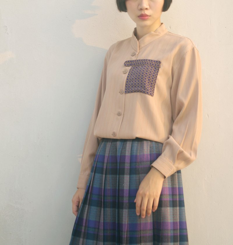 4.5studio- [R;] Restyle- tan lines ruled collage printing temperament collar shirt pocket - เสื้อเชิ้ตผู้หญิง - วัสดุอื่นๆ สีส้ม