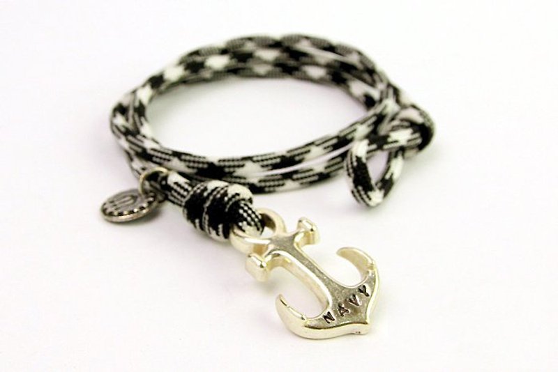 [METALIZE] Anchor with rope bracel three-ring umbrella rope bracelet-sea anchor-black and white camouflage (ancient silver) - Bracelets - Other Metals 