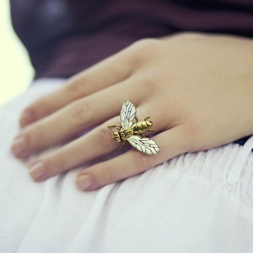 MAFIA JEWELRY Flying Fly Ring in Brass With White Enamel Wings. Adjustable Size.