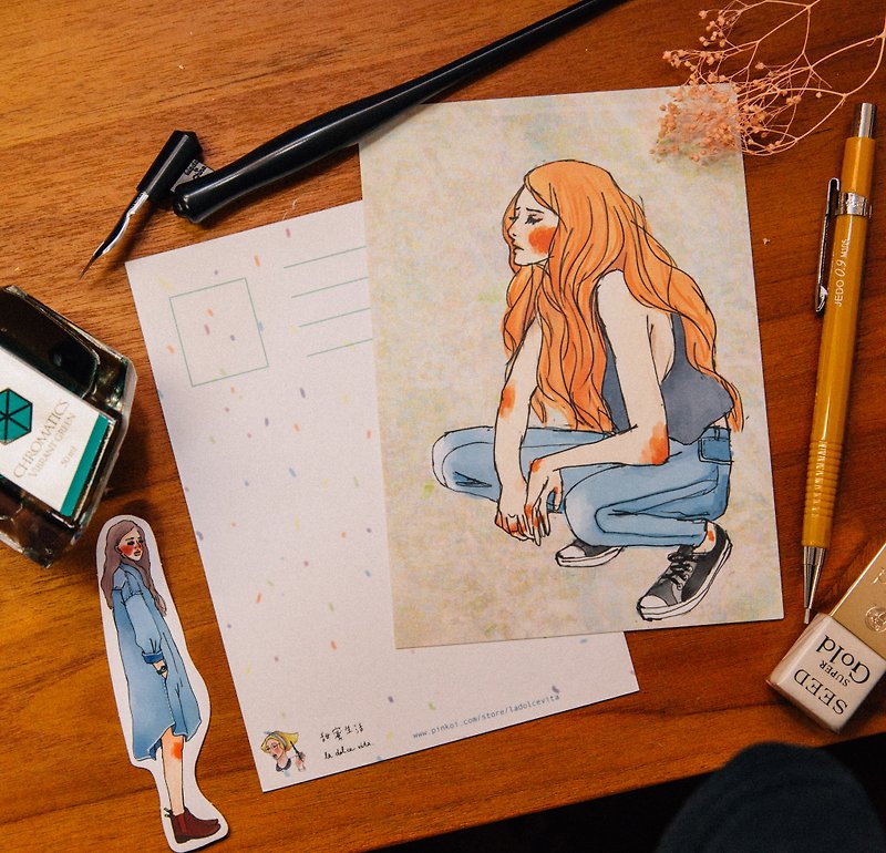 Hipster Girl Postcard - การ์ด/โปสการ์ด - กระดาษ สีส้ม