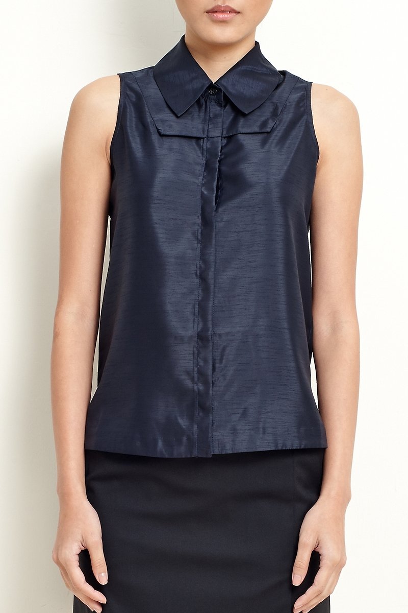 Satin black blue sleeveless shirt - Women's Vests - Cotton & Hemp Blue
