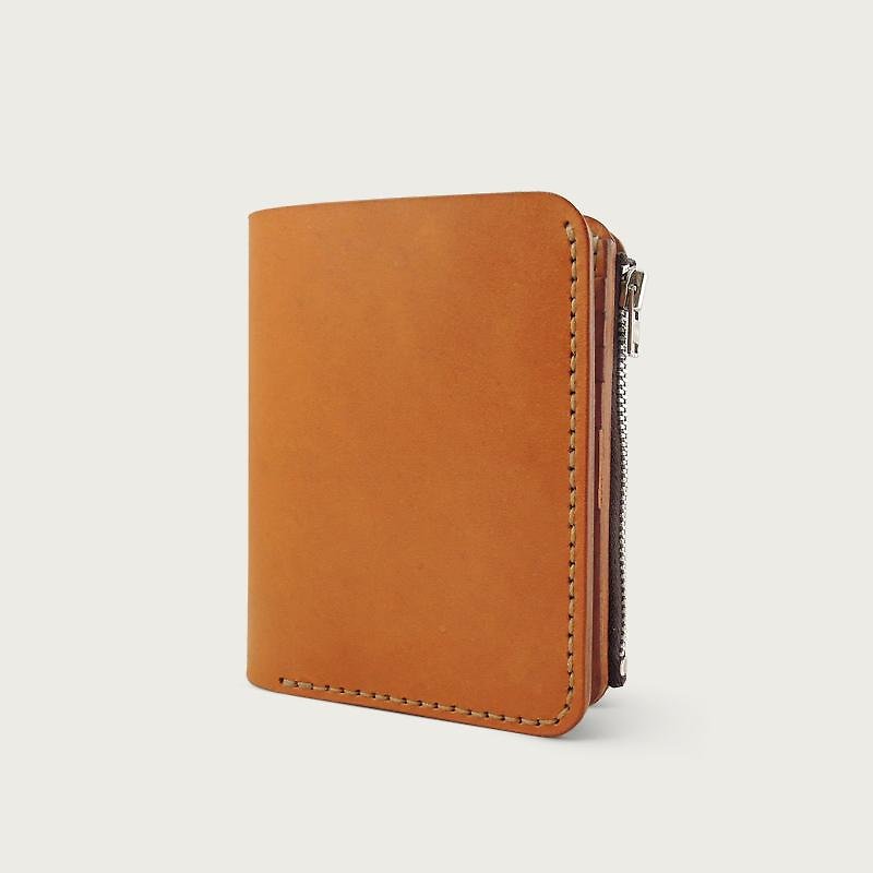 หนังแท้ กระเป๋าสตางค์ สีส้ม - LINTZAN "hand-stitched leather" Straight wallet / purse / in the folder - camel yellow