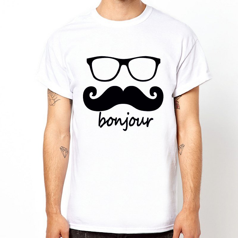 bonjour 短袖T恤-2色 法國 鬍子 鬍鬚 復古 眼鏡文青設計原創品牌 - T 恤 - 其他材質 白色