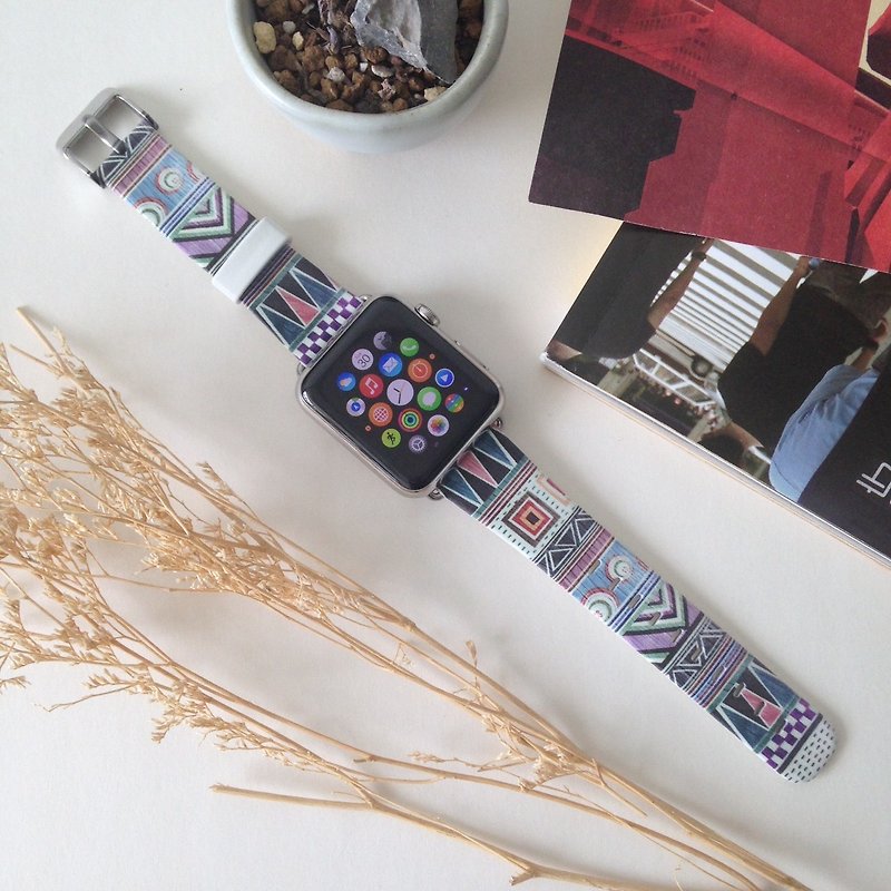 Colorful Tribal Pattern Printed on Leather watch band for Apple Watch Series 1-5 - Other - Genuine Leather 