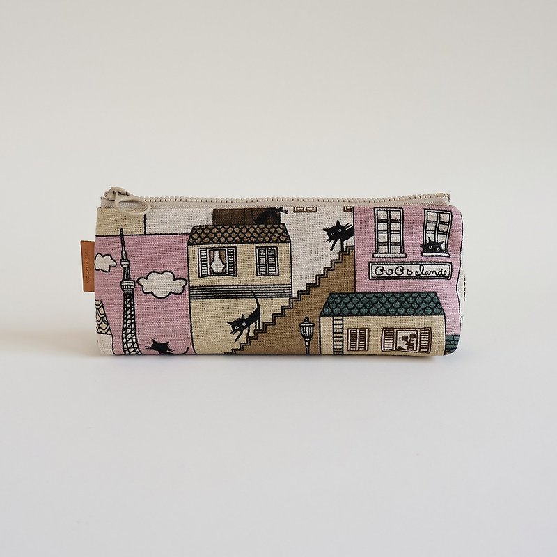 Handmade pencil case with black cat pattern on the roof - Pencil Cases - Cotton & Hemp Khaki