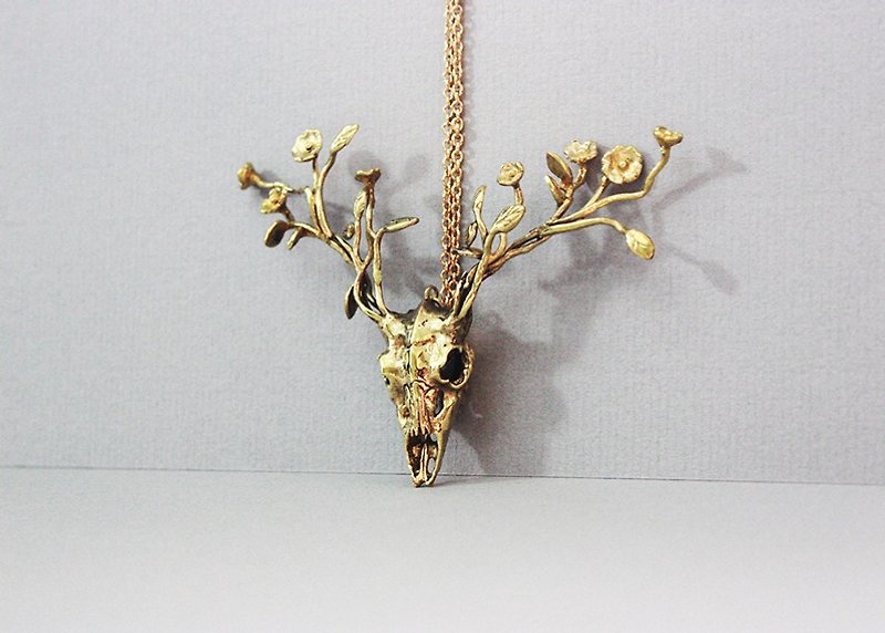 Golden Deer Flowers Antler Necklace Charm / Contemporary Art Rock Jewelry / Brass Metal Work Pendant - Necklaces - Other Metals Gold