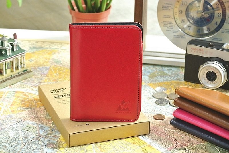 Dimengqi Adventure Passport Case-Dark Red - ที่เก็บพาสปอร์ต - หนังแท้ สีแดง