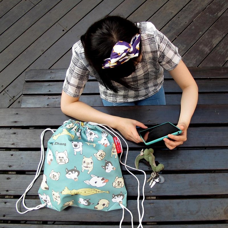 BLR  狗頭包 手工印製 Ning Zhang  雙面圖案 束口袋 後背包 - 水桶袋/索繩袋 - 聚酯纖維 綠色