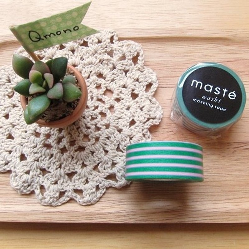 maste Masking Tape 和紙膠帶 Basic 明色系【綠粉條紋 (MST-MKT02-GN)】 - Washi Tape - Paper Green