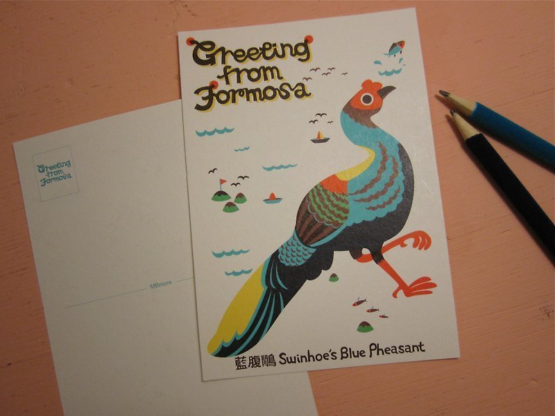 Printmaking Postcard：Greeting from Formosa-Swinhoe's Blue Pheasant - Cards & Postcards - Paper Blue