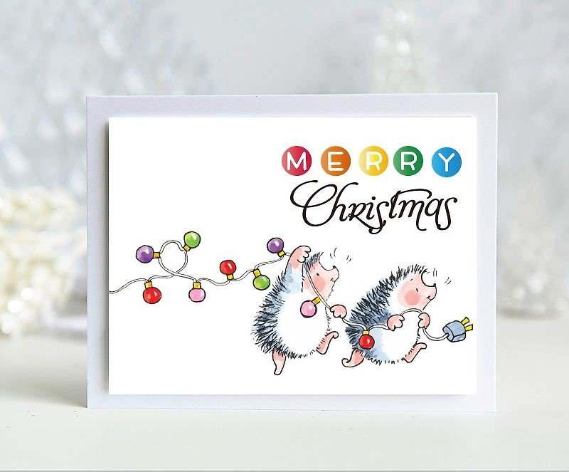 3張Merry Christmas聖誕節套卡/聖誕快樂刺蝟與貓/純手工英文卡片 - 卡片/明信片 - 紙 多色