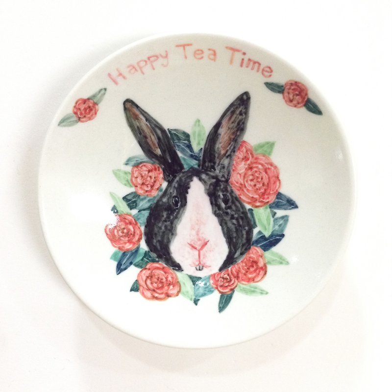 Rabbit Baoai Camellia Wreath-[Customizable name] Animal hand-painted small dish - Small Plates & Saucers - Porcelain Multicolor