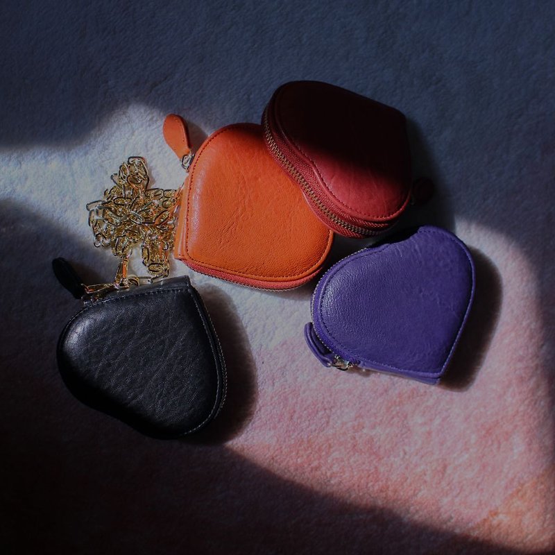 【 Christmas Gift 】Heart Shape Classic Leather Mini Purse ・Orange - Coin Purses - Genuine Leather Orange