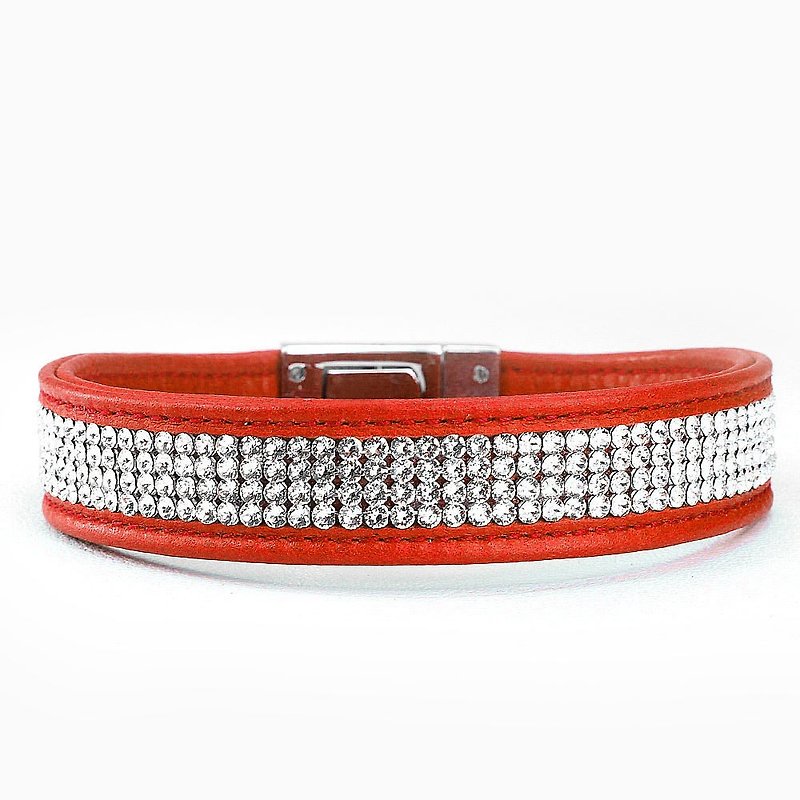 [Leather rope] M size Swarovski four-row diamond leather leather collar ((send lettering)) - ปลอกคอ - หนังแท้ สีแดง