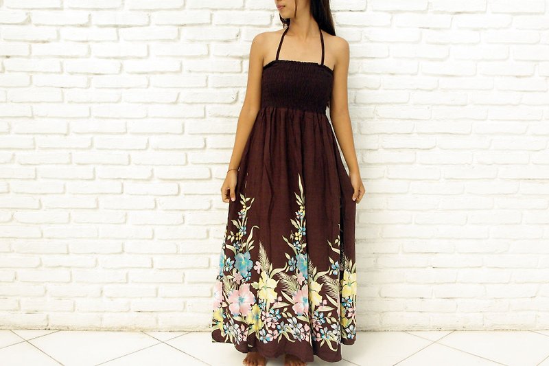 Tropical Flower Long dress <Brown> - One Piece Dresses - Other Materials Brown