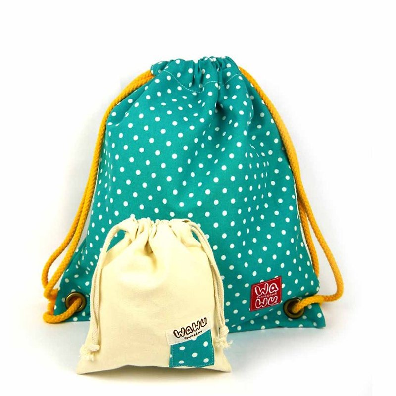 束口後背包+小收納袋 (湖水綠點) - 水桶包/束口袋 - 棉．麻 綠色