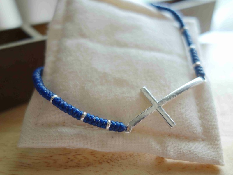 ~米+熊~ 925 純銀 虔誠 信仰 十字架 蠶絲蠟繩 編織手環手鍊 - 手鍊/手鐲 - 其他金屬 藍色
