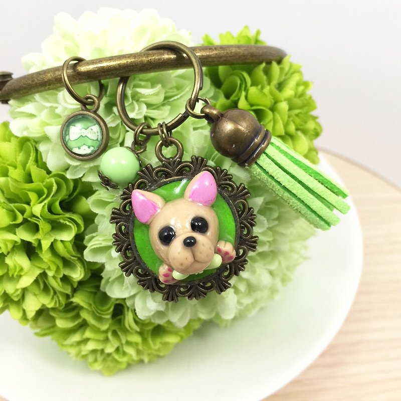 Baby green tie gentleman Law Department ● fighting dogs tender green oversized key ring handmade ● ● Limited Made in Taiwan - Keychains - Clay Green