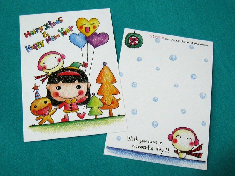 Illustration postcard_Christmas card/New Year's card (girl balloon) - Cards & Postcards - Paper White