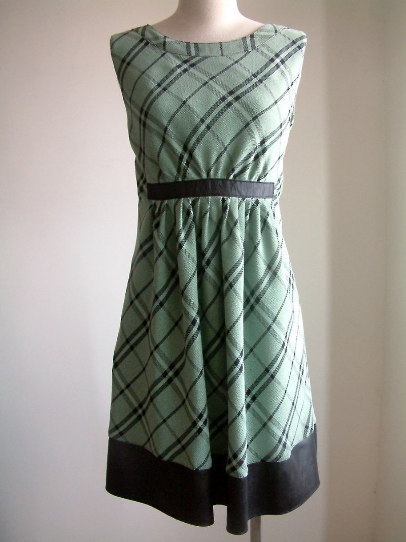 菱格紋小拼接洋裝-綠色 - 洋裝/連身裙 - 其他材質 綠色