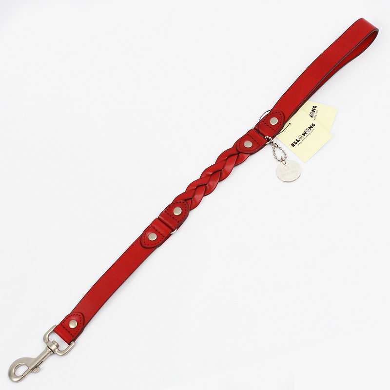 Ella Wang Design Stitching Leather Woven 60cm Short Leash-Red - Collars & Leashes - Genuine Leather Red