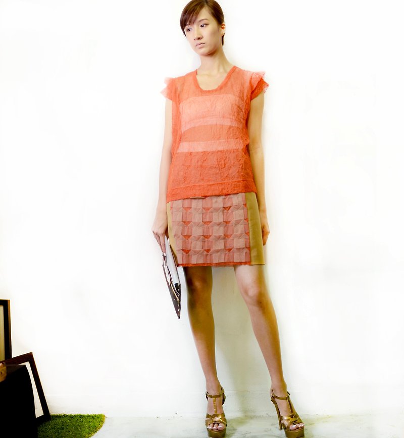 Mesh origami A-line skirt with thermal lining (japan fabric) - กระโปรง - ไฟเบอร์อื่นๆ สีส้ม