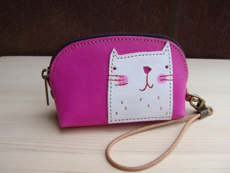 [ISSIS] Genuine leather hand-stitched leather collage pink white cat coin purse - กระเป๋าใส่เหรียญ - หนังแท้ สีแดง
