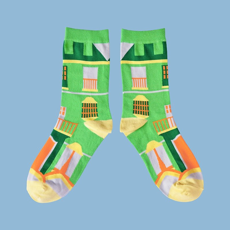 Street Bar Green Unisex Crew Socks | mens socks | womens socks | colorful socks - ถุงเท้า - ผ้าฝ้าย/ผ้าลินิน สีเขียว