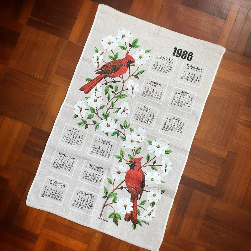 1986 Early American cloth calendar bird - ของวางตกแต่ง - ผ้าฝ้าย/ผ้าลินิน สีแดง