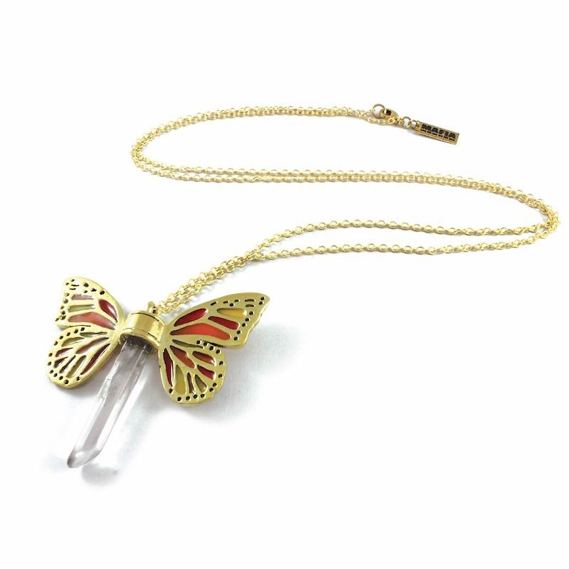 Brass Butterfly wing pendant with clear raw quartz stone and enamel color - Necklaces - Other Metals 