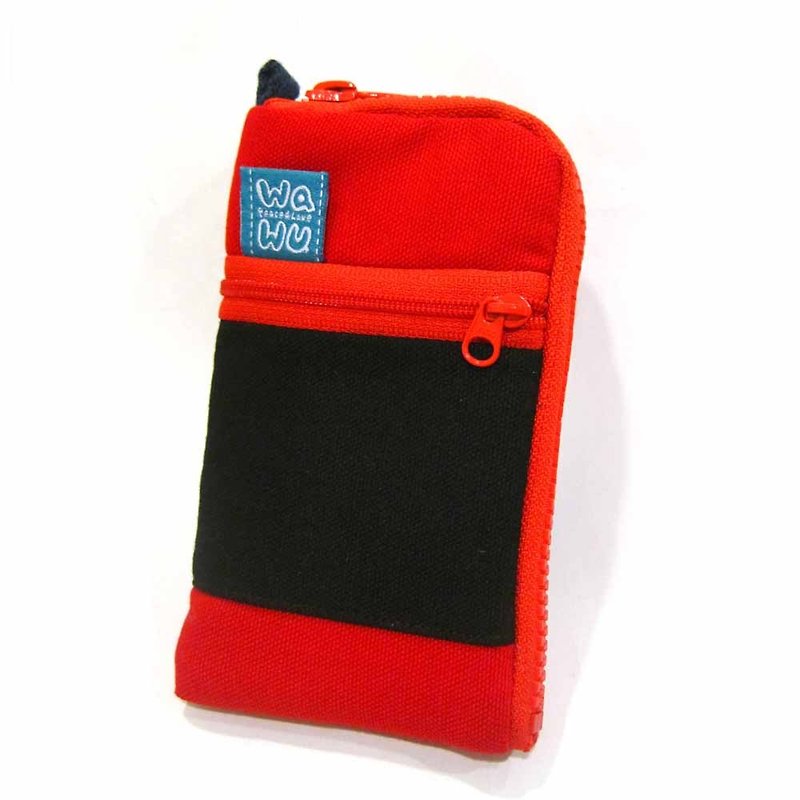 WaWu拉鍊手機包 一般手機尺寸 (紅黑帆布) (附繩) 訂製款* - 手機殼/手機套 - 棉．麻 紅色