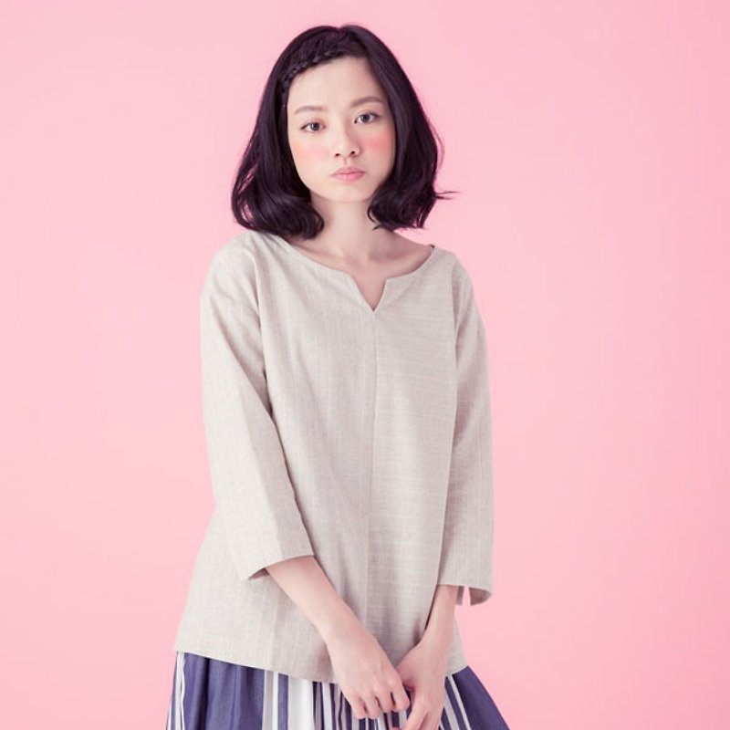 Xu Xu children ♪ tea germ-breasted striped shirt back - Women's Tops - Other Materials Khaki