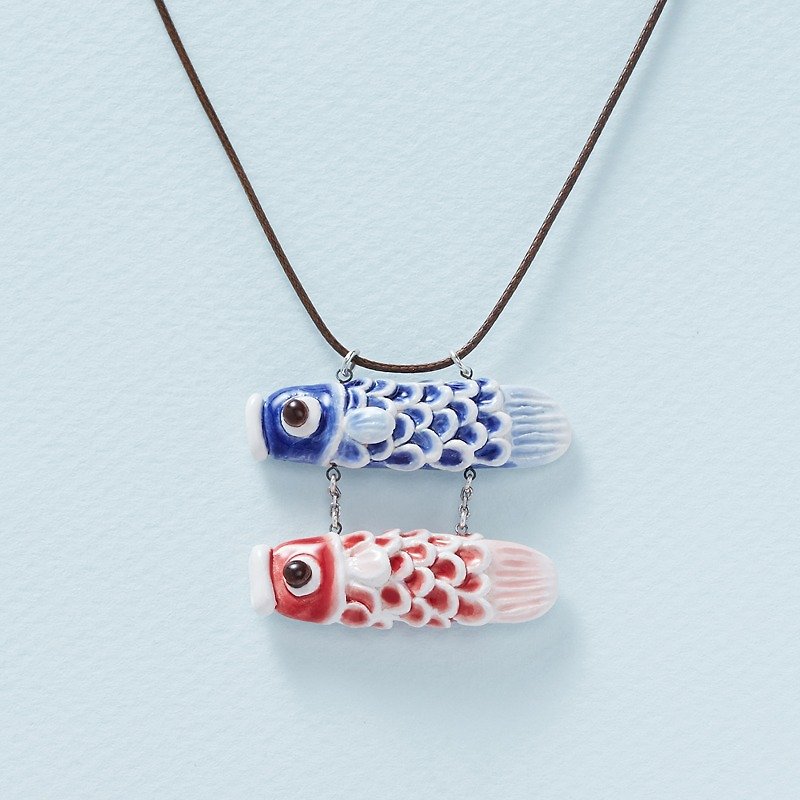Carp and Me - Small Handmade White Porcelain Necklace - Red Blue - Chokers - Porcelain Red