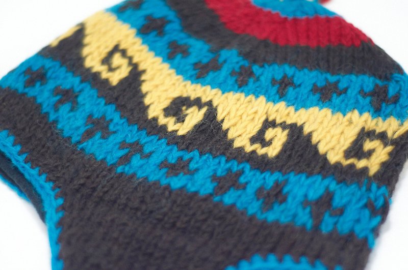 Hand-knitted pure wool hat/handmade inner brushed wool hat/knitted wool hat/flying wool hat/knitted hat-Contrast color ocean ethnic style (handmade limited edition) - หมวก - วัสดุอื่นๆ หลากหลายสี