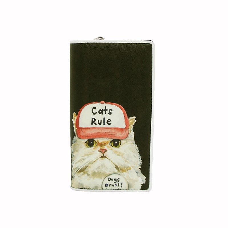 Ashley. M - White Cat With A Hat Bi Fold Zip Around Wallet - กระเป๋าสตางค์ - หนังแท้ สีดำ
