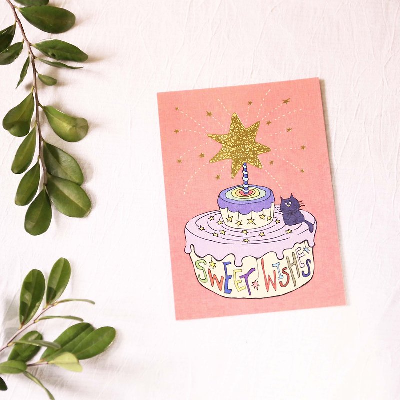 スターポストカード金箔ケーキ/バースデーカードを願い - カード・はがき - 紙 ピンク