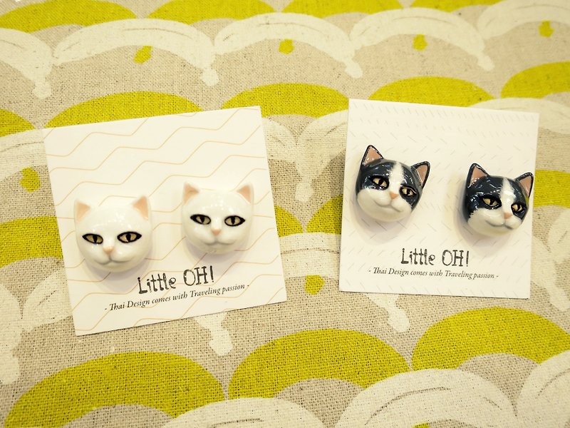 Three-dimensional ceramic cat earrings - Earrings & Clip-ons - Other Materials Blue