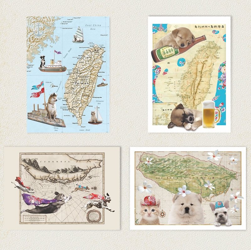 台灣地圖 狗兒探險隊 明信片(4款各3張共12張) - 卡片/明信片 - 紙 多色