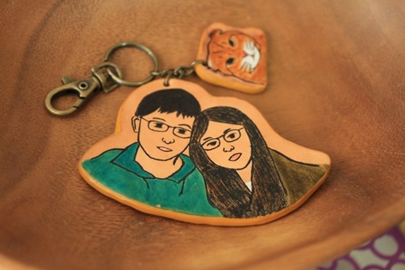 Customized double portrait + pet cat original leather color pure leather key ring (lover, birthday gift) Tanabata - พวงกุญแจ - หนังแท้ สีส้ม