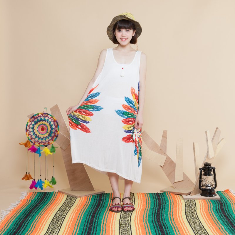 ♚saibaba ethnique // feather pattern vest dress ♚ - One Piece Dresses - Other Materials Multicolor