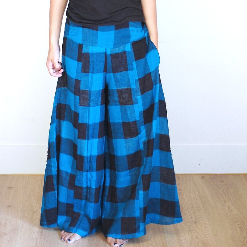 Handmade cotton linen wide pants skirt - blue lattice - กางเกงขายาว - ผ้าฝ้าย/ผ้าลินิน สีน้ำเงิน