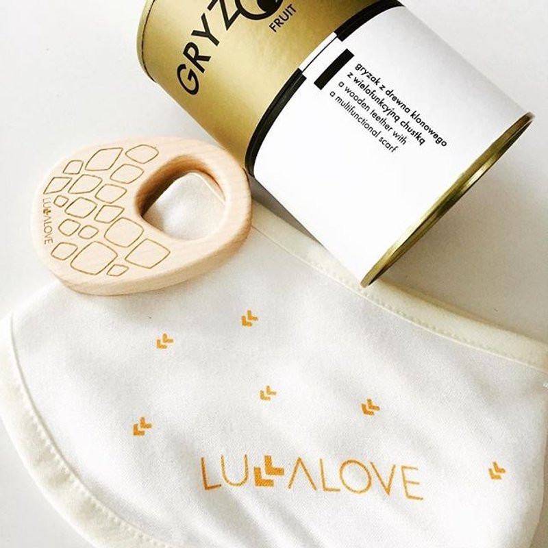 【歐洲製】Lullalove 咬咬領巾+楓木磨牙玩具-鳳梨 - 彌月禮盒 - 木頭 