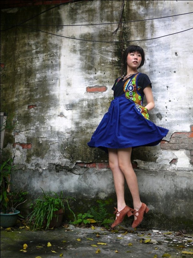 ㊕ Yang Ga YOUNGA African fabric stitching low-cut vest-style dress: Indigo - One Piece Dresses - Cotton & Hemp 