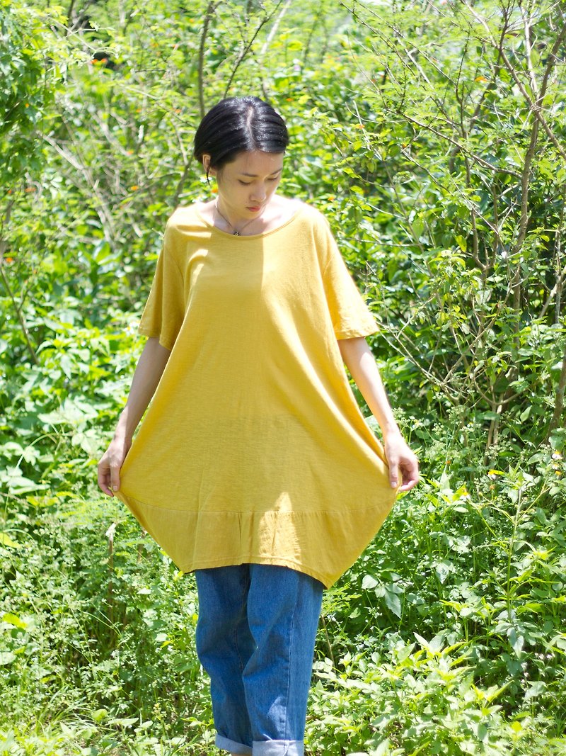 HB curved hem cotton dress shirt Ming yellow / beige - ชุดเดรส - งานปัก สีเหลือง