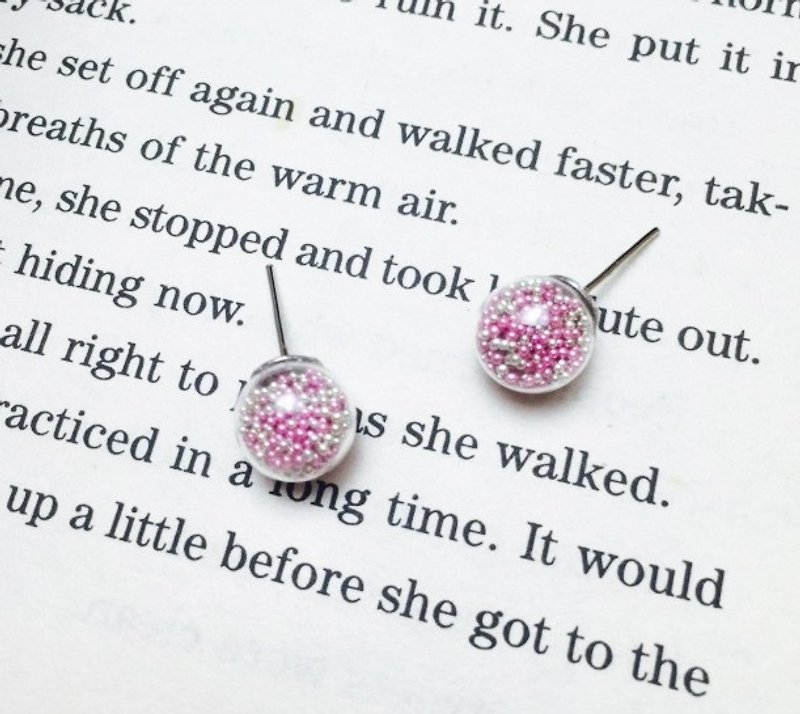 玻璃球耳環-金屬顆粒-少女心 - 耳環/耳夾 - 玻璃 粉紅色
